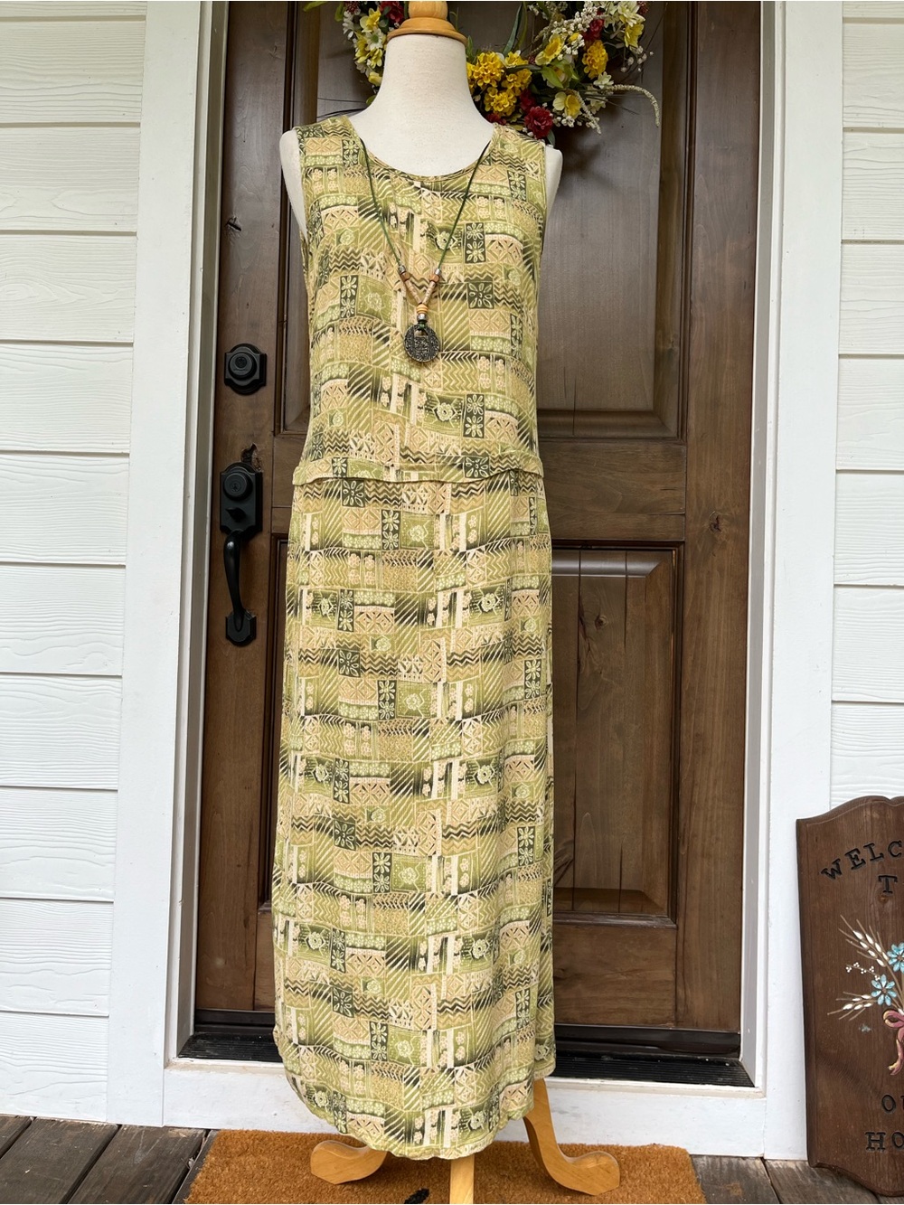 Vintage Kathy Lee Olive Green Patterned Maxi Dress